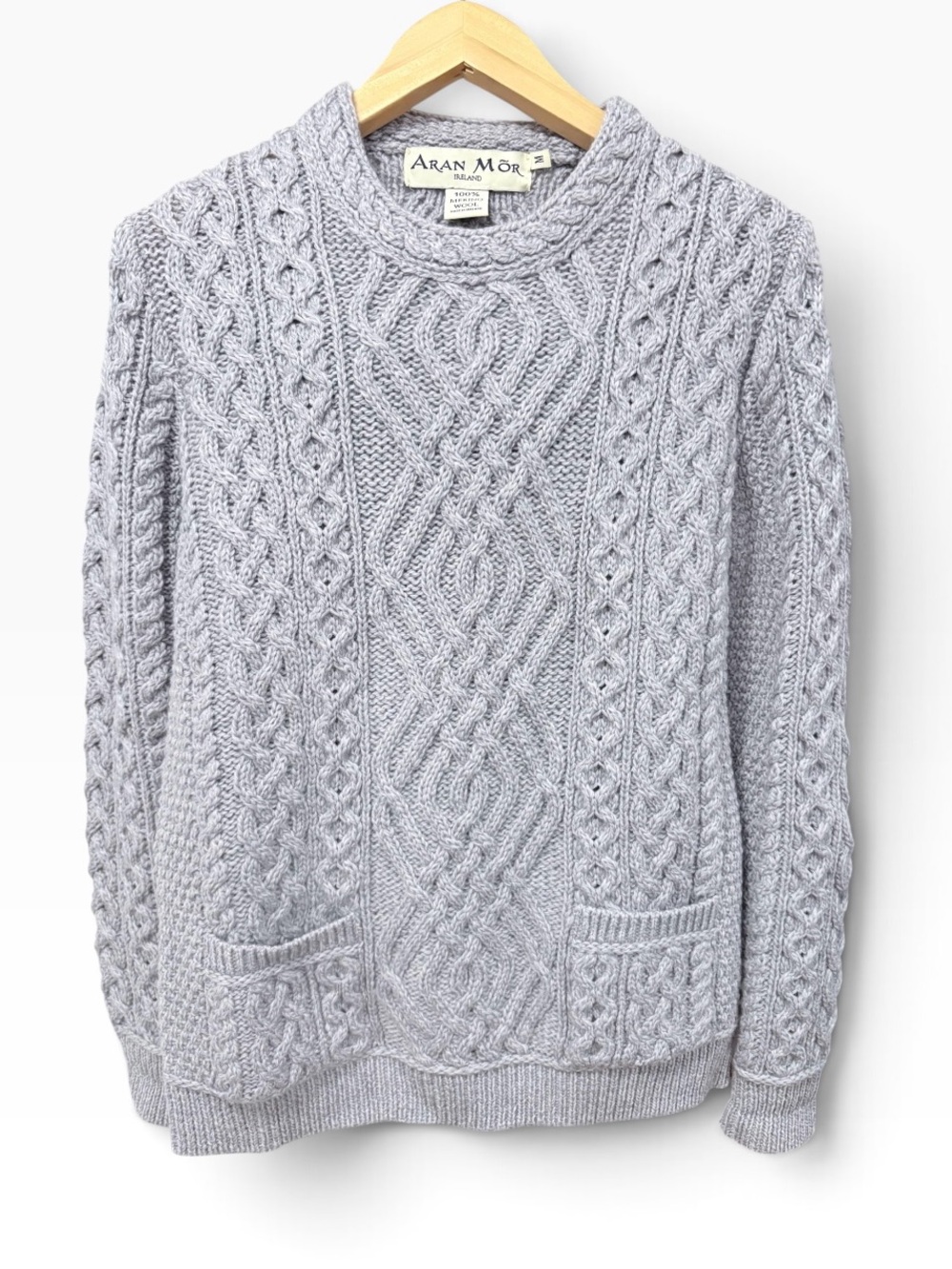 Aran Mor Gray Cable-Knit Irish Crewneck Fisherman 100% Merino Wool Sweater Sz M - Picture 2 of 10